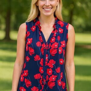 41 Hawthorn Navy With Red Floral Print Sleeveless Blouse